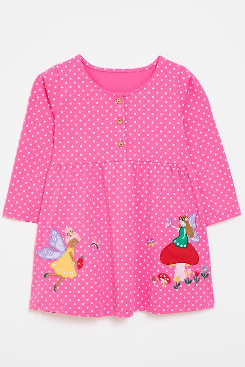 Fairy embroidered graphic polka dot dress - shocking pink