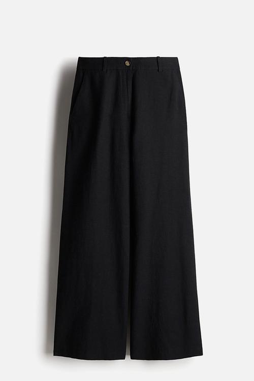 Wide linen-blend trousers - black