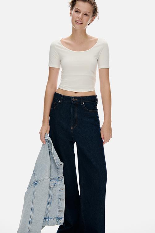 Cropped scoop-neck T-shirt - cream 