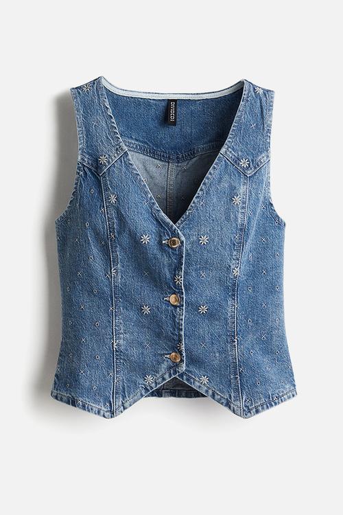Embroidered denim waistcoat - denim blue/flowers