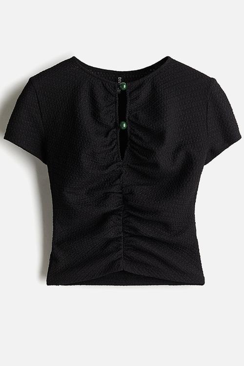 Bead-detail ruched top - black