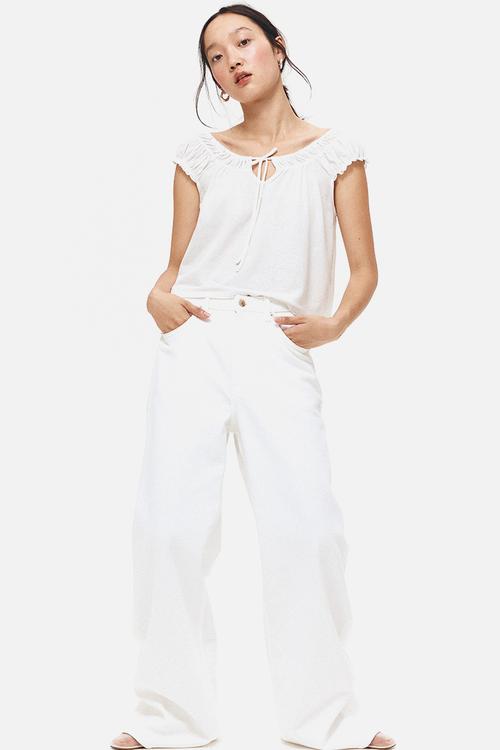 Gathered jersey top - white striped