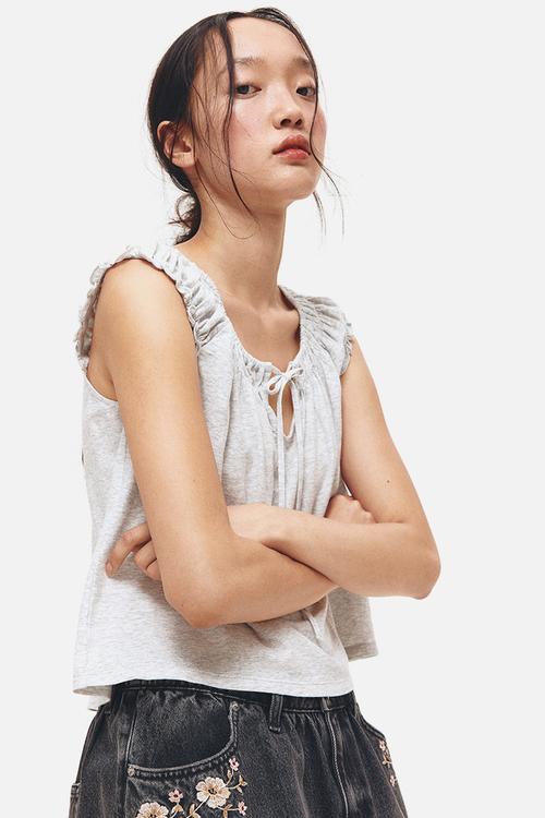 Gathered jersey top - light grey marl