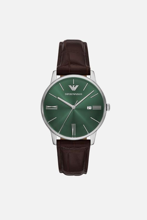 Three-Hand Date Brown Leather Watch - Brown & Green