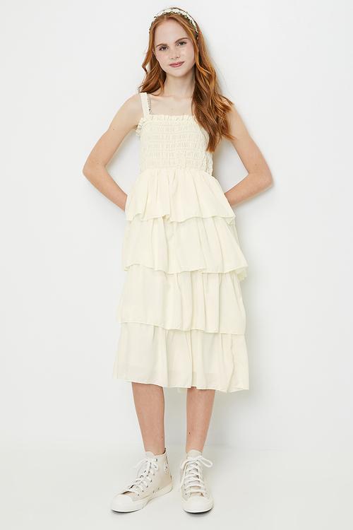 Tiered dress with shirred bodice - light yellow