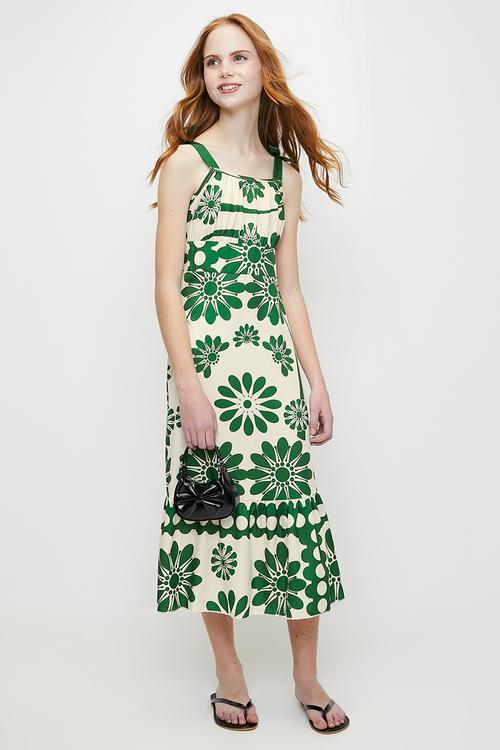 Floral printed dress with gathered frill hem - ecru/green
