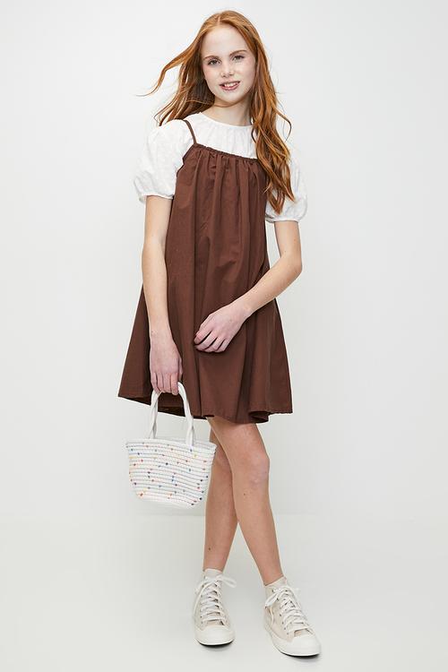 Mini dress with puff sleeved blouse - brown/white