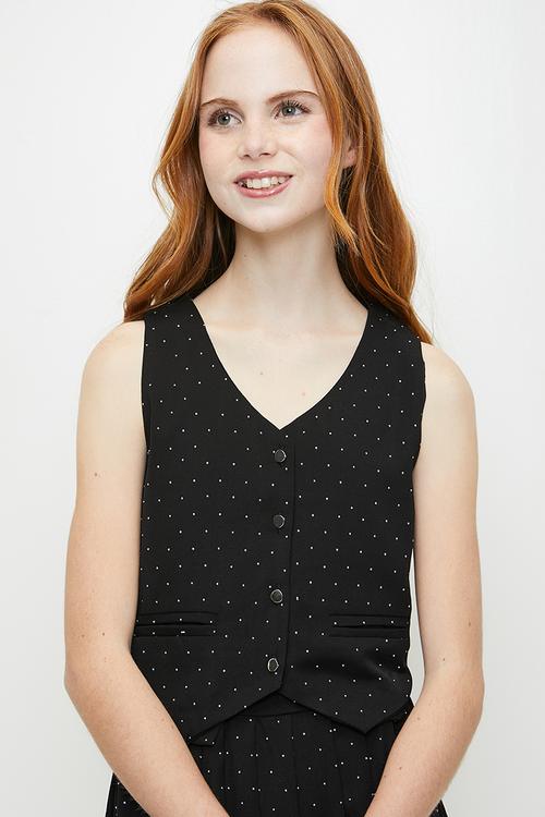 Pointed vest with pleated skirt - black/pin dots