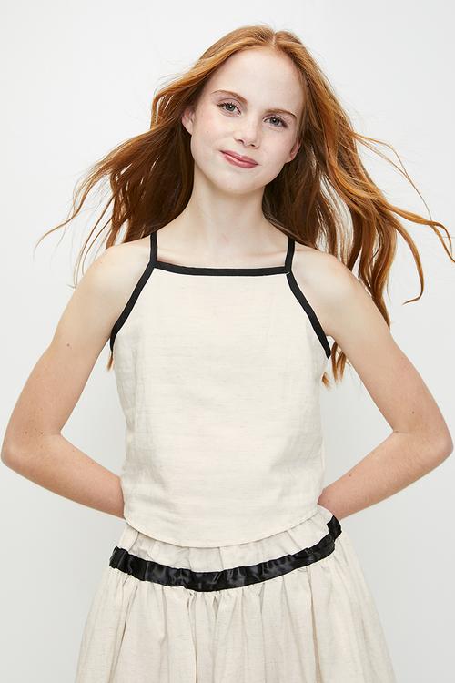 Square neck top & skirt with contrast bias binding - cream/black