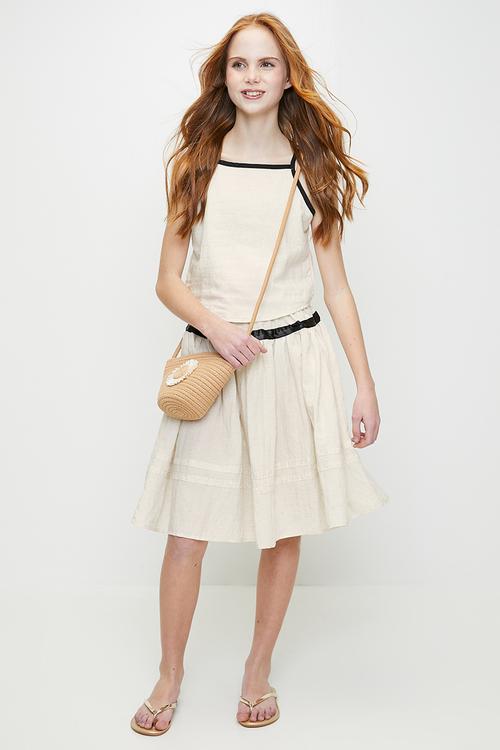 Square neck top & skirt with contrast bias binding - cream/black