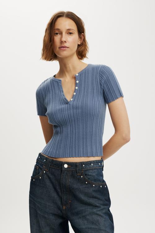 Verigated Rib Knit Shortsleeve Henley - Slate