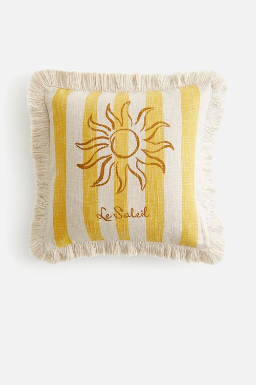 Fringed linen-blend cushion cover - yellow & le soleil