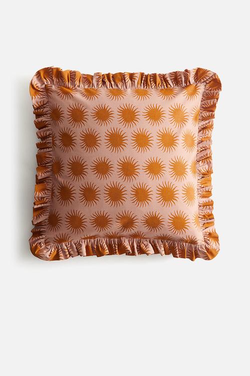 Frill-trimmed cushion cover - dusty pink patterned