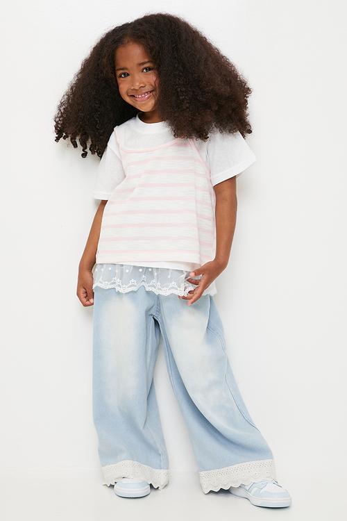 Vest & lace trim tee with wide leg jeans - white/pink/light blue