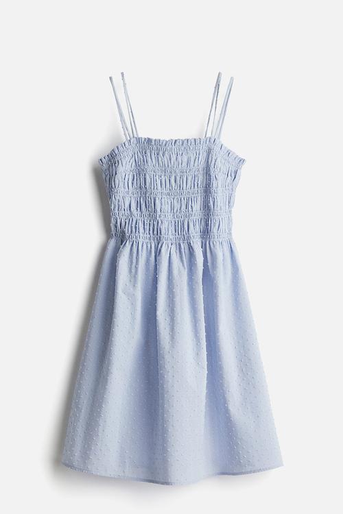 Smocked-bodice cotton dress - light blue