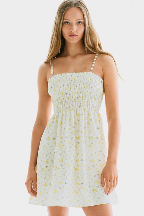 Smocked-bodice cotton dress - white/floral