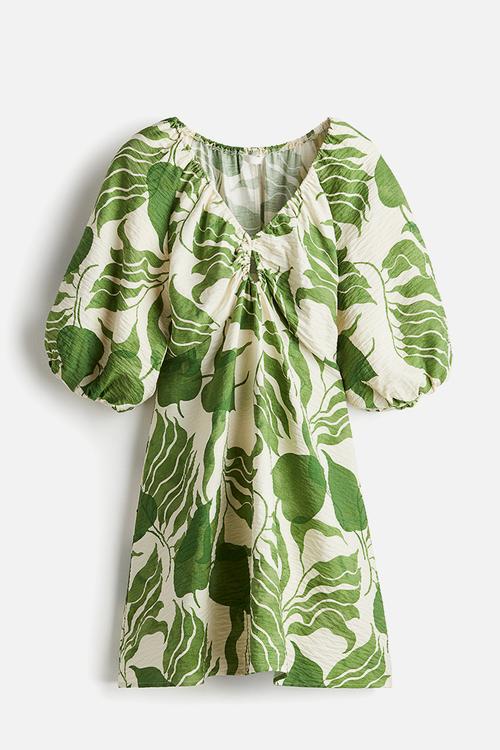 Crinkled tunic dress - white/green leaves - 1238340014