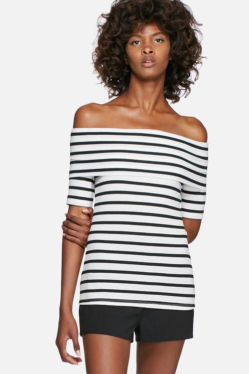 Rib off-shoulder short sleeve striped top