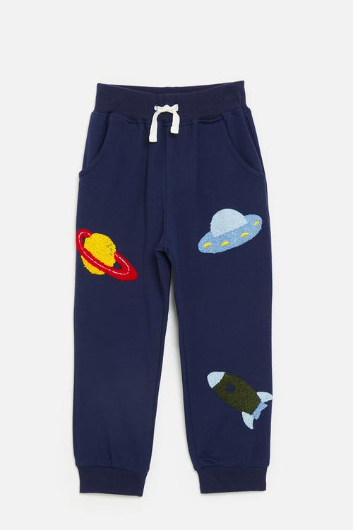 Chenille embroidered spaceship joggers - navy blue