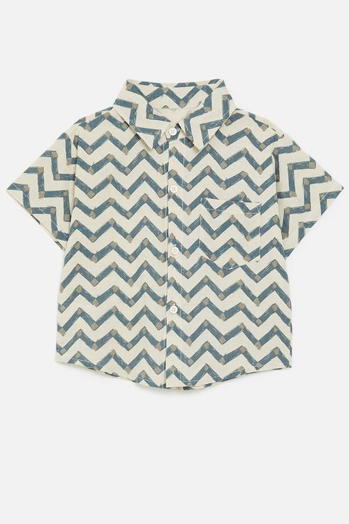 Chevron brushstroke printed shirt - ecru/teal blue