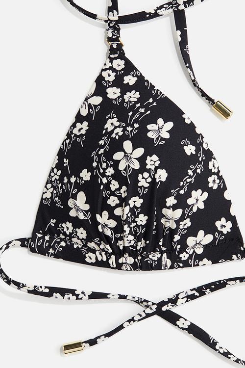 Push-up triangle bikini top - black & white floral