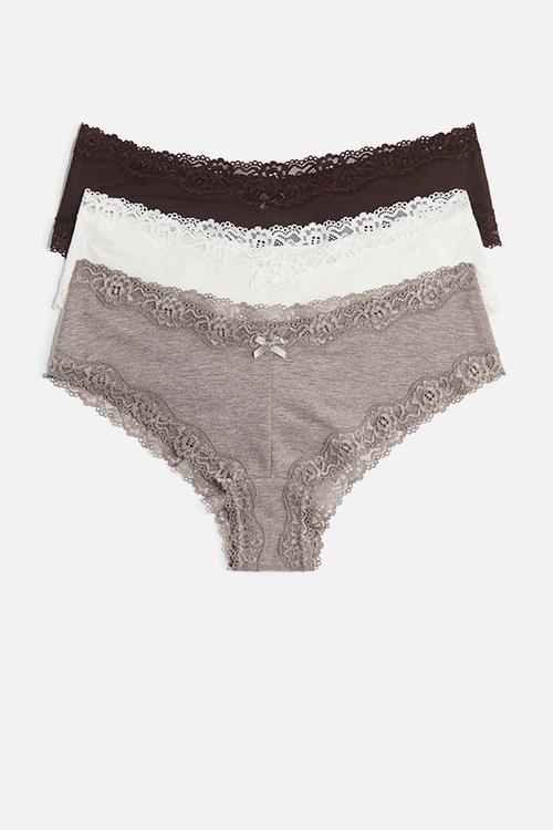 3-Pack cotton and lace hipster briefs - dark mole/dark brown