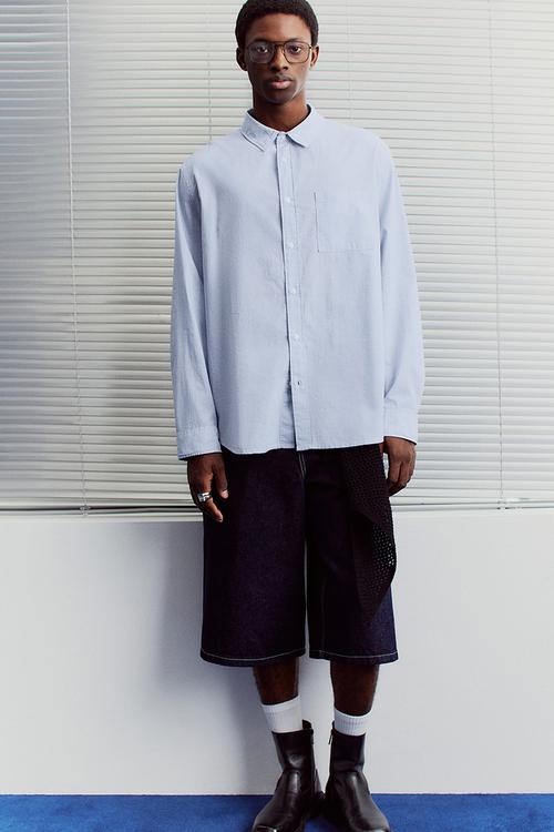 Oversized fit seersucker shirt - light blue striped