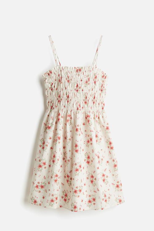 Smocked-bodice cotton dress - white floral