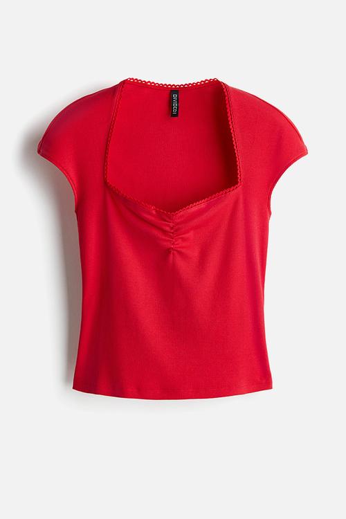 Ribbed sweetheart-neck top - red