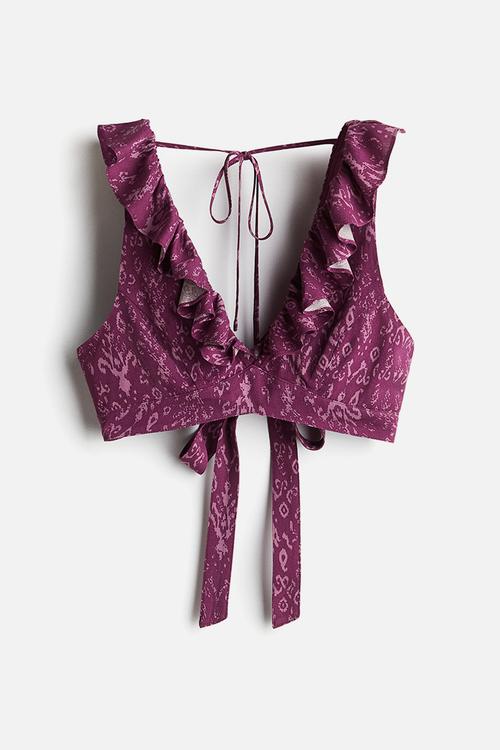 Frill-trimmed crop top - purple/patterned