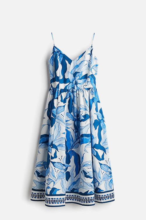 Strappy dress - white & blue patterned