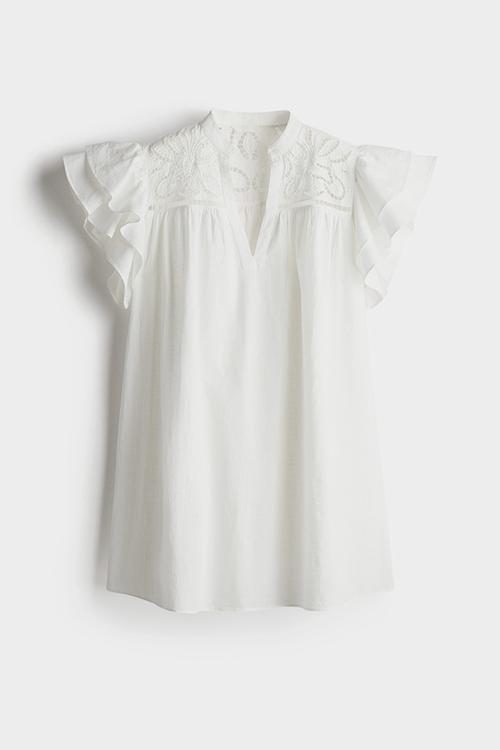 Flutter-sleeve dress with broderie anglaise - white