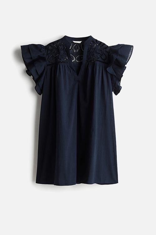 Flutter-sleeve dress with broderie anglaise - navy blue