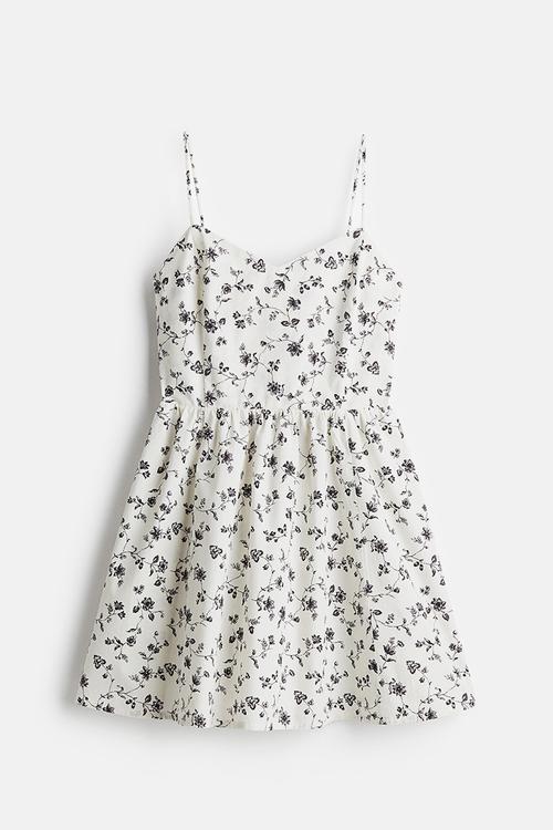 Flared-skirt cotton dress - white floral 