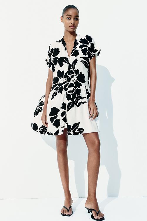 Crinkled tunic dress - cream & black floral 