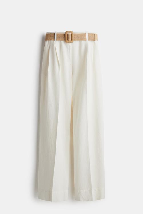 Belted linen-blend trousers - white