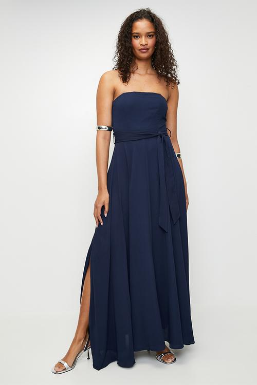 Contrast Lace Corset Maxi Dress - Dusty Blue
