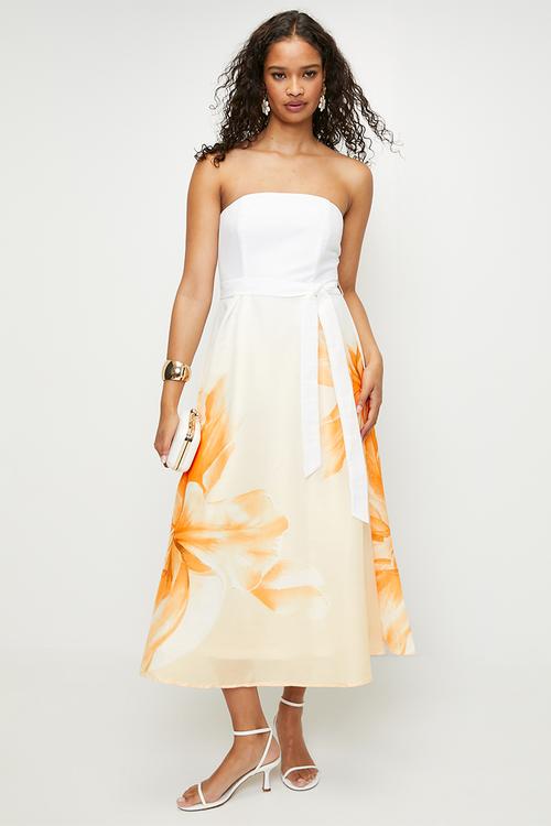Peach floral strapless fit and flare dress - Peach floral