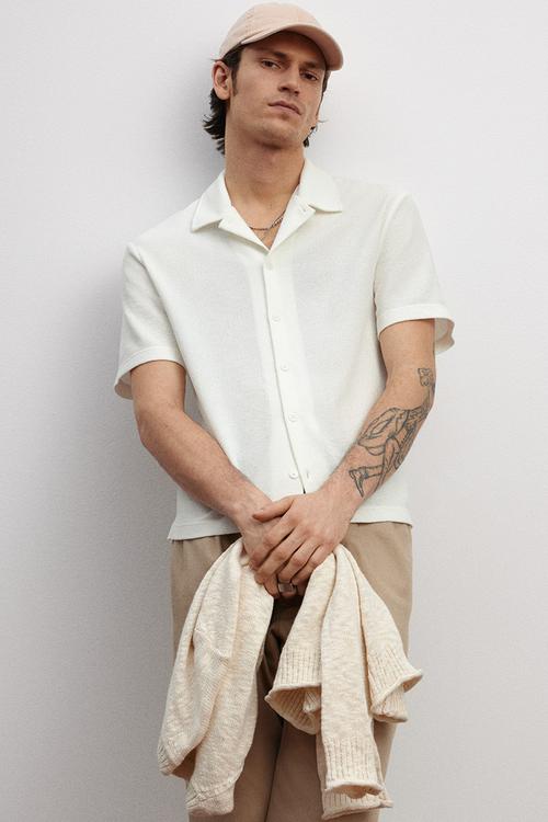 Regular fit short-sleeved jersey shirt - cream