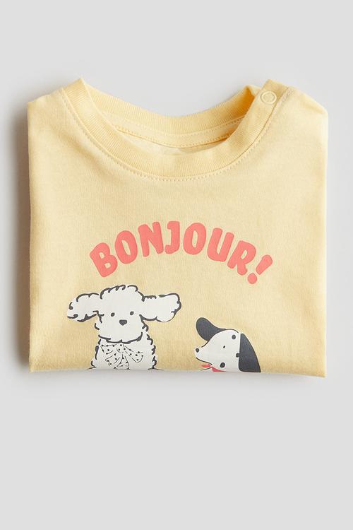 Printed cotton t-shirt - yellow bonjour!