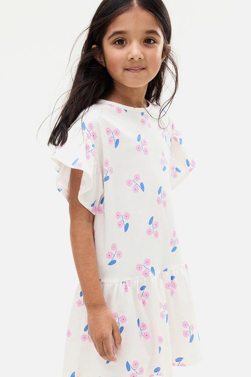 Flutter-sleeved cotton dress - white/floral 