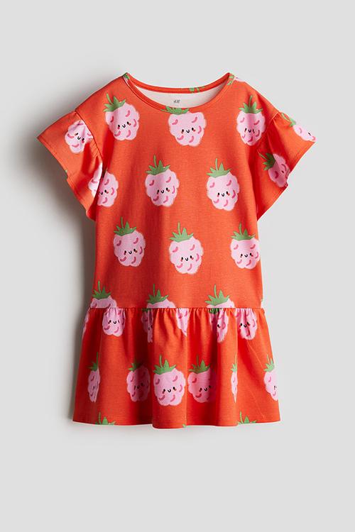 Flutter-sleeved cotton dress - bright red/raspberries
