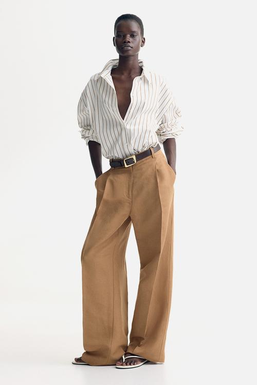 Wide linen-blend trousers - dark beige
