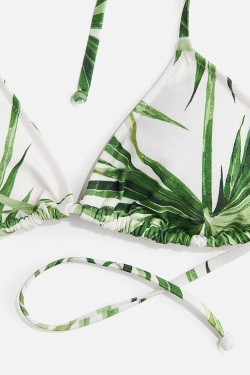 Padded triangle bikini top - white & green patterned