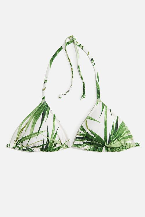 Padded triangle bikini top - white & green patterned