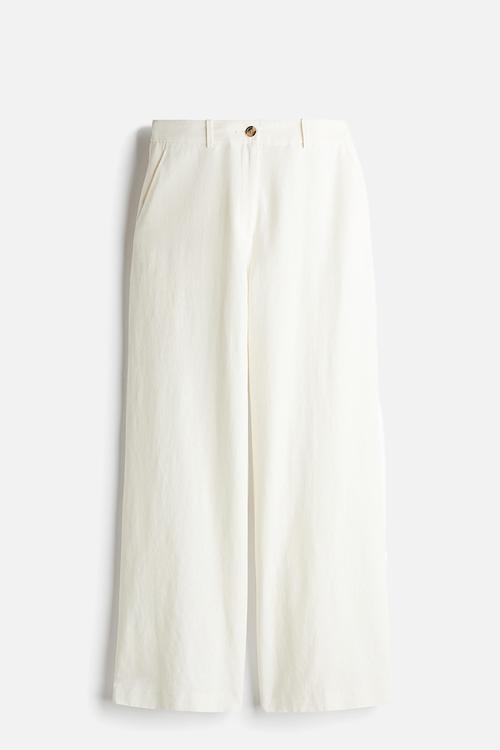 Wide linen-blend trousers - cream