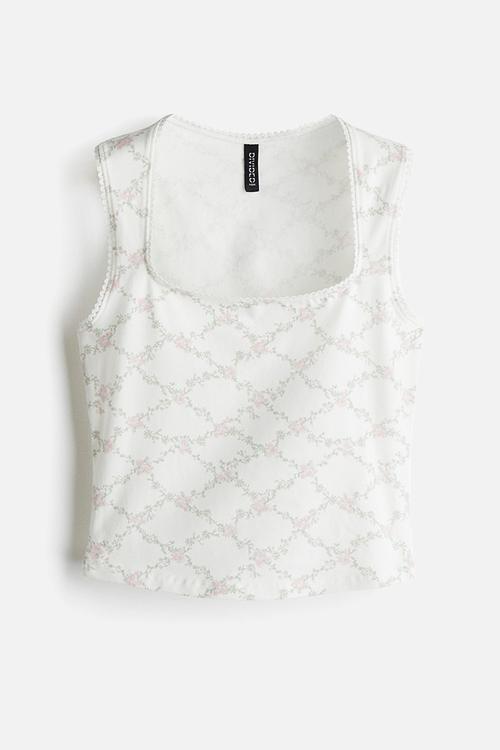 Picot-trimmed vest top - white/floral 