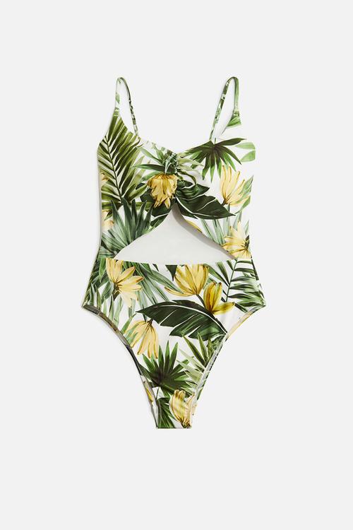 Padded-cup high-leg swimsuit - green patterned 