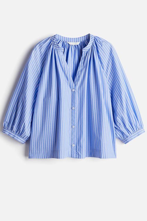 Balloon-sleeved poplin blouse - light blue striped 