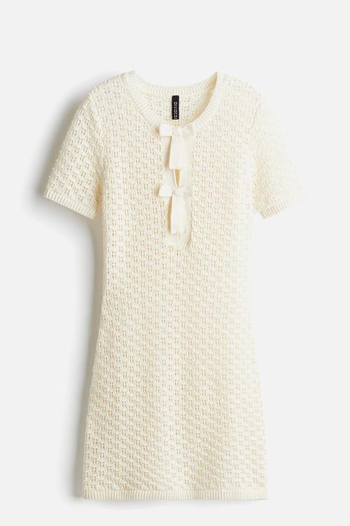 Bow-detail pointelle-knit dress - cream